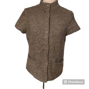 Eileen Fisher sweater cardigan gray ribbed short sleeve buttons pockets Size S